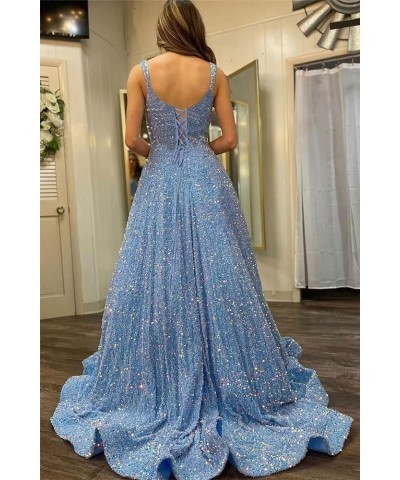 Sparkly Sequins Spaghetti Straps Prom Dresses A-Line Long Formal Ball Gowns with Pockets for Women CYM213 Steel Blue $35.52 D...