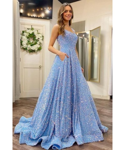 Sparkly Sequins Spaghetti Straps Prom Dresses A-Line Long Formal Ball Gowns with Pockets for Women CYM213 Steel Blue $35.52 D...