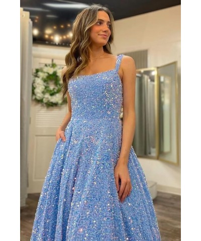 Sparkly Sequins Spaghetti Straps Prom Dresses A-Line Long Formal Ball Gowns with Pockets for Women CYM213 Steel Blue $35.52 D...