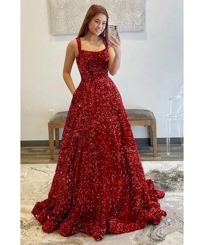 Sparkly Sequins Spaghetti Straps Prom Dresses A-Line Long Formal Ball Gowns with Pockets for Women CYM213 Steel Blue $35.52 D...