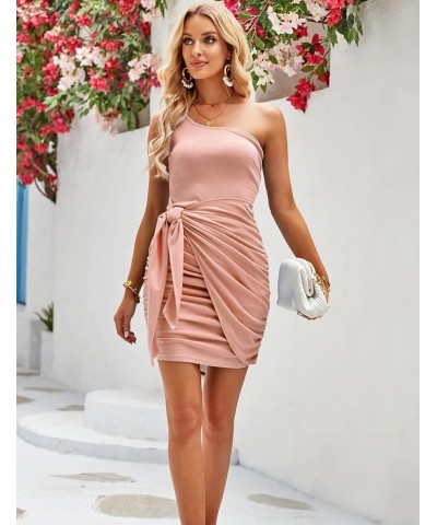 Women's One Shoulder Ruched Bodycon Dress Sexy Cocktail Party Wrap Mini Dresses Pink $10.25 Dresses