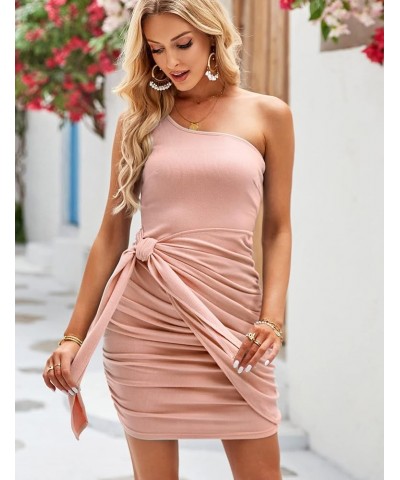 Women's One Shoulder Ruched Bodycon Dress Sexy Cocktail Party Wrap Mini Dresses Pink $10.25 Dresses