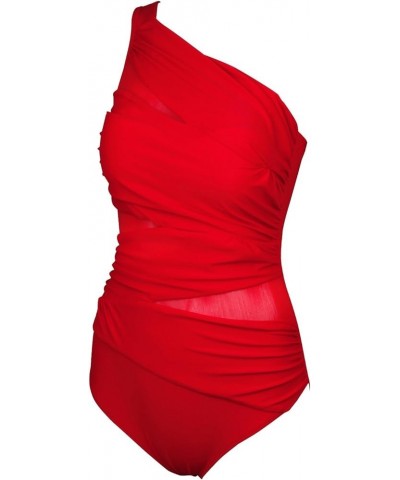 Women One Shoulder Slimming Ruched Monokini Bathing Suit Mesh Insert Swimsuit Red $8.99 Swimsuits