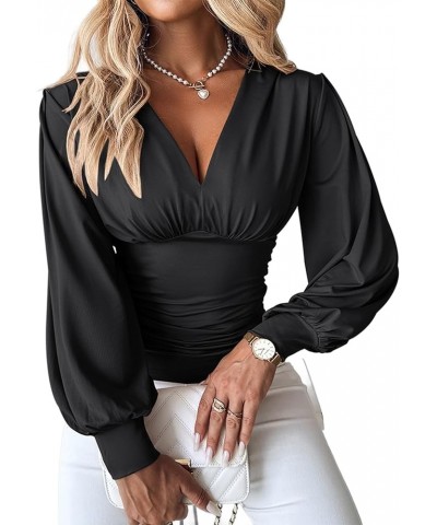 Women's Sexy Plunge Neck Ruched Bishop Long Sleeve T Shirt Tops Black $10.19 Blouses