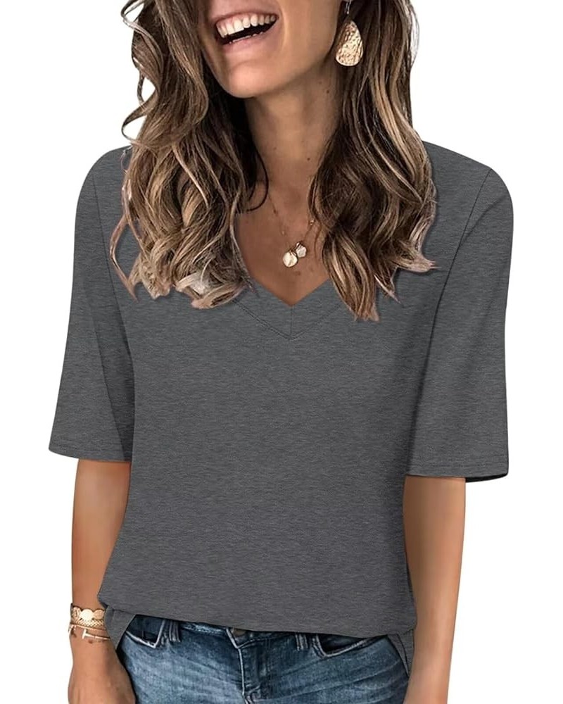 Women's V Neck T Shirts Half Sleeve Tops Casual Solid Summer Tees Charcoal $9.79 T-Shirts