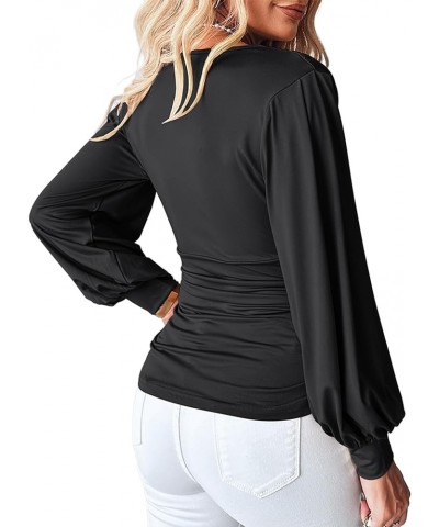 Women's Sexy Plunge Neck Ruched Bishop Long Sleeve T Shirt Tops Black $10.19 Blouses