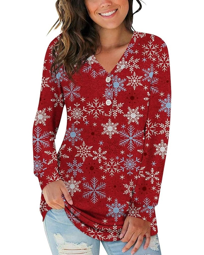 Womens Button Up T-Shirts Long Sleeve Henley Tunic Tops V-Neck Casual Sweatshirt Two Buttons Snowflake - Red $14.39 Tops