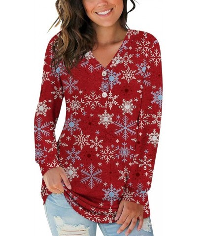 Womens Button Up T-Shirts Long Sleeve Henley Tunic Tops V-Neck Casual Sweatshirt Two Buttons Snowflake - Red $14.39 Tops