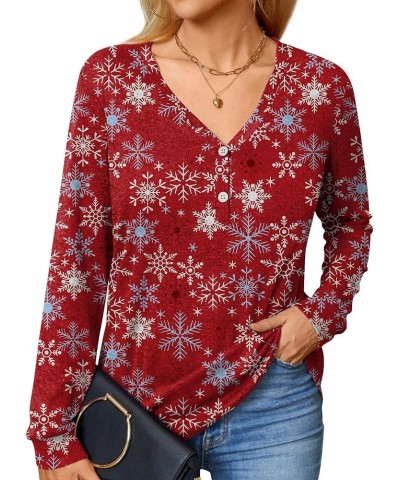 Womens Button Up T-Shirts Long Sleeve Henley Tunic Tops V-Neck Casual Sweatshirt Two Buttons Snowflake - Red $14.39 Tops