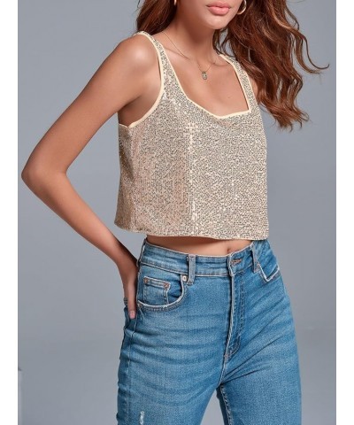 Women's Sequin Crop Tank Tops Cute Sleeveless Sparkly Camisole Blouse Cocktail Evening Party Tank Shirts Rose Gold $10.57 Tanks