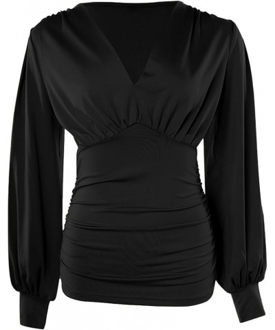 Women's Sexy Plunge Neck Ruched Bishop Long Sleeve T Shirt Tops Black $10.19 Blouses