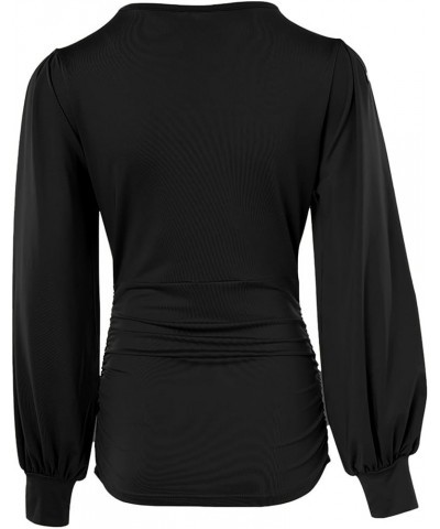 Women's Sexy Plunge Neck Ruched Bishop Long Sleeve T Shirt Tops Black $10.19 Blouses