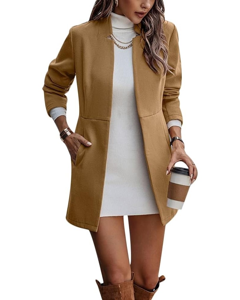 Women Woolen Long Sleeve Jackets Coat Solid Open Front Wool Cardigan Coats Outwear Khaki $20.99 Coats