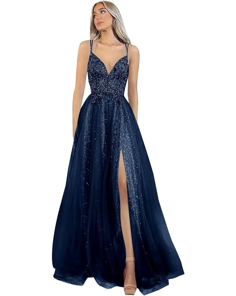 Women's Tulle Glitter Prom Dress 2023 Long Lace Spaghetti Straps Formal V Neck Evening Gowns with Slit Ocean Blue $39.60 Dresses