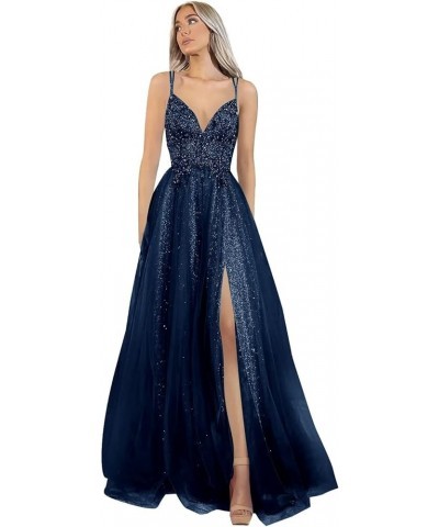 Women's Tulle Glitter Prom Dress 2023 Long Lace Spaghetti Straps Formal V Neck Evening Gowns with Slit Ocean Blue $39.60 Dresses