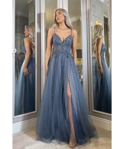 Women's Tulle Glitter Prom Dress 2023 Long Lace Spaghetti Straps Formal V Neck Evening Gowns with Slit Ocean Blue $39.60 Dresses