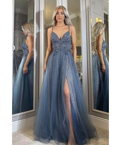 Women's Tulle Glitter Prom Dress 2023 Long Lace Spaghetti Straps Formal V Neck Evening Gowns with Slit Ocean Blue $39.60 Dresses