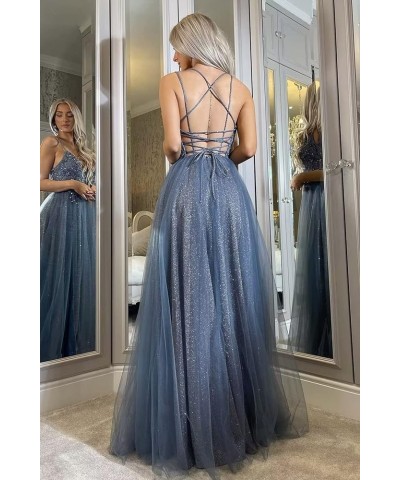 Women's Tulle Glitter Prom Dress 2023 Long Lace Spaghetti Straps Formal V Neck Evening Gowns with Slit Ocean Blue $39.60 Dresses