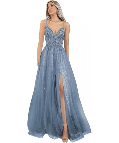 Women's Tulle Glitter Prom Dress 2023 Long Lace Spaghetti Straps Formal V Neck Evening Gowns with Slit Ocean Blue $39.60 Dresses