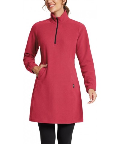 Women's Polar Fleece Dress Long Vest Sweatshirt Tunic Dress Quarter Zip Pullover Winter Outfits Pocket Red $23.52 Activewear