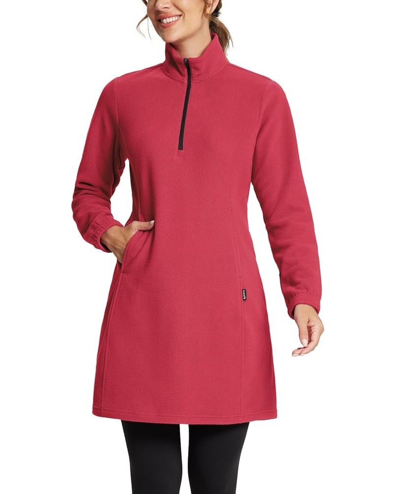 Women's Polar Fleece Dress Long Vest Sweatshirt Tunic Dress Quarter Zip Pullover Winter Outfits Pocket Red $23.52 Activewear