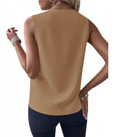 Women's Colorblock V Neck Sleeveless Loose Fit Office Blouse Tank Top Shirt Khaki $17.50 Tanks