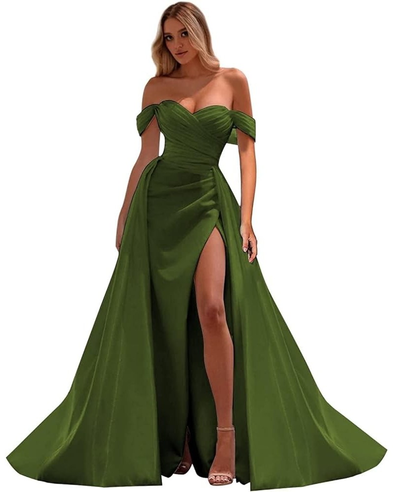 Long Mermaid Satin Prom Dresses for Women Off Shoulder Satin Formal Evening Dress with Side Slit ABCD379 Olive Green $29.25 D...