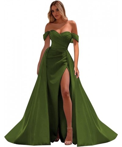 Long Mermaid Satin Prom Dresses for Women Off Shoulder Satin Formal Evening Dress with Side Slit ABCD379 Olive Green $29.25 D...