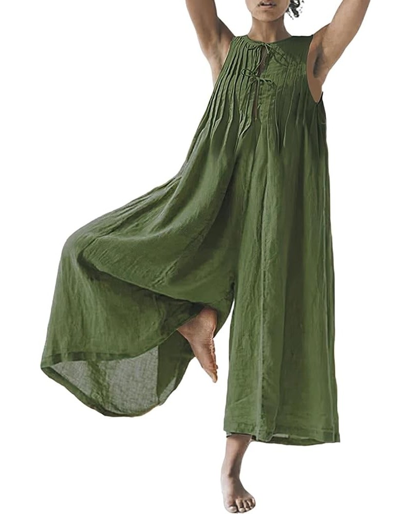 Women's Loose Wide Leg Jumpsuits Cotton Linen Casual Summer Short Sleeve Long Pants Rompers Green-t $16.66 Jumpsuits