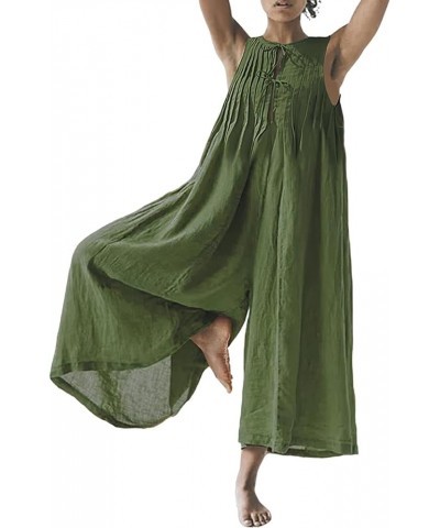 Women's Loose Wide Leg Jumpsuits Cotton Linen Casual Summer Short Sleeve Long Pants Rompers Green-t $16.66 Jumpsuits