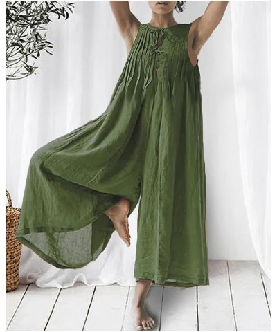 Women's Loose Wide Leg Jumpsuits Cotton Linen Casual Summer Short Sleeve Long Pants Rompers Green-t $16.66 Jumpsuits