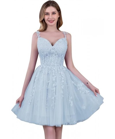 Tulle Homecoming Dresses for Teens Lace Short Prom Dress Spaghetti Straps Appliques Mini Cocktail Party Gowns Sky Blue $32.39...