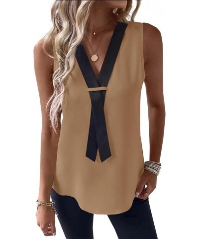 Women's Colorblock V Neck Sleeveless Loose Fit Office Blouse Tank Top Shirt Khaki $17.50 Tanks