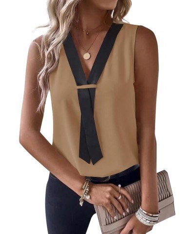 Women's Colorblock V Neck Sleeveless Loose Fit Office Blouse Tank Top Shirt Khaki $17.50 Tanks