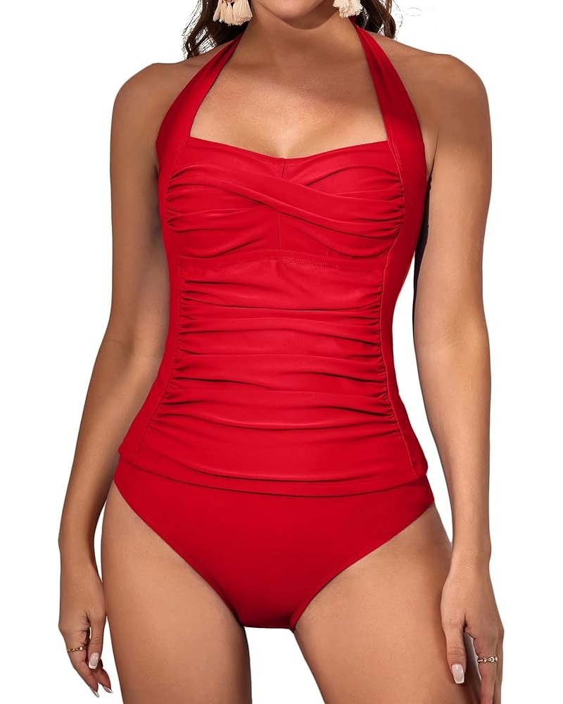 Womens Halter Tankini Bathing Suit Ruched Tummy Control Two Piece Swimsuit with Bottom Red $20.16 Swimsuits