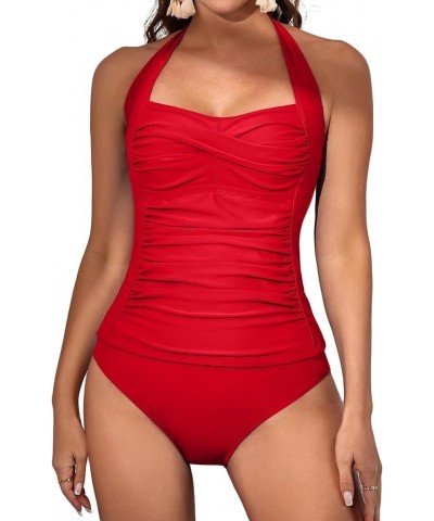 Womens Halter Tankini Bathing Suit Ruched Tummy Control Two Piece Swimsuit with Bottom Red $20.16 Swimsuits