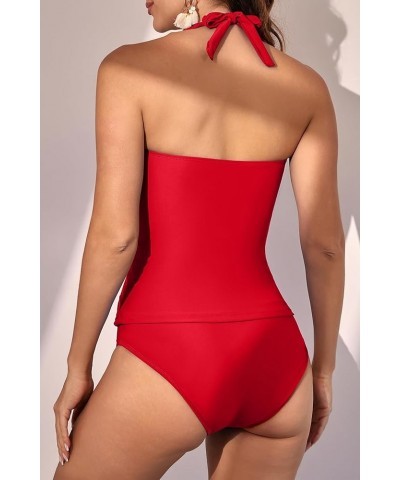 Womens Halter Tankini Bathing Suit Ruched Tummy Control Two Piece Swimsuit with Bottom Red $20.16 Swimsuits