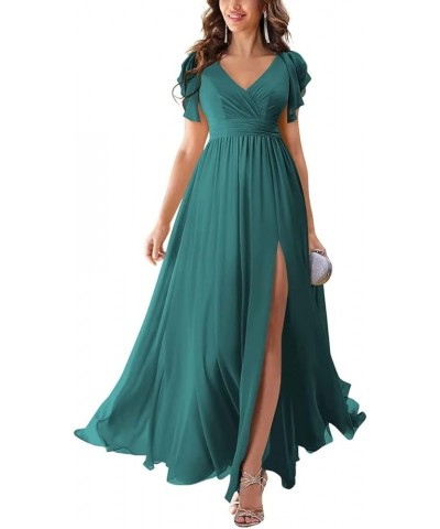 Long Bridesmaid Dresses with Slit Chiffon V Neck Ruffles Sleeves Formal Dress Evening Gown for Weddings Bride Peacock $36.91 ...