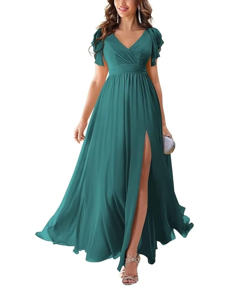 Long Bridesmaid Dresses with Slit Chiffon V Neck Ruffles Sleeves Formal Dress Evening Gown for Weddings Bride Peacock $36.91 ...