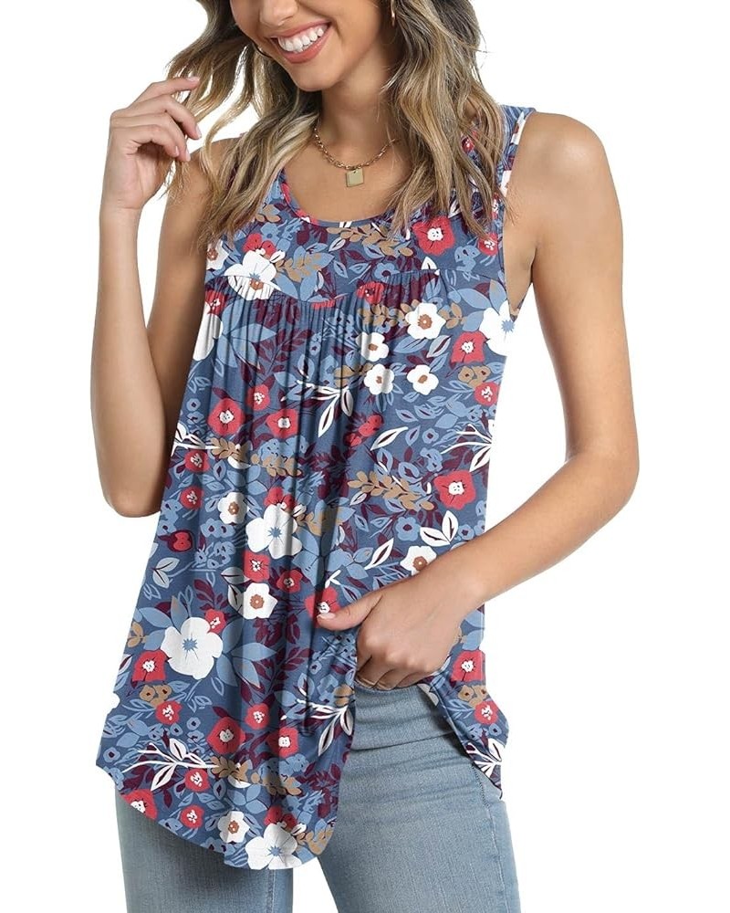 Women's Tank Top Summer Pleated Sleeveless Shirt Casual Tunic Curved Hem Flowy Basic Blouse Colorful Flowers+blue $13.50 Tanks