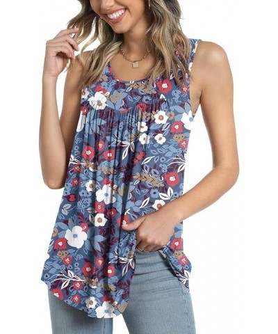 Women's Tank Top Summer Pleated Sleeveless Shirt Casual Tunic Curved Hem Flowy Basic Blouse Colorful Flowers+blue $13.50 Tanks