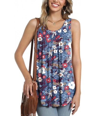 Women's Tank Top Summer Pleated Sleeveless Shirt Casual Tunic Curved Hem Flowy Basic Blouse Colorful Flowers+blue $13.50 Tanks