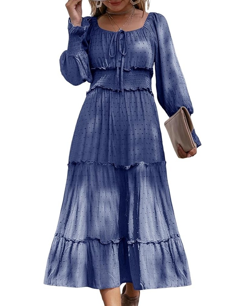 Women's Square Neck Long Sleeve Swiss Dot Maxi Dresses Ruffle Tiered Boho A Line Smocked Cocktail Dress Navy $11.50 Dresses