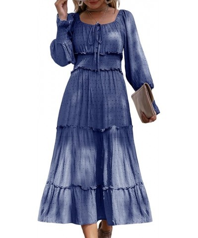 Women's Square Neck Long Sleeve Swiss Dot Maxi Dresses Ruffle Tiered Boho A Line Smocked Cocktail Dress Navy $11.50 Dresses