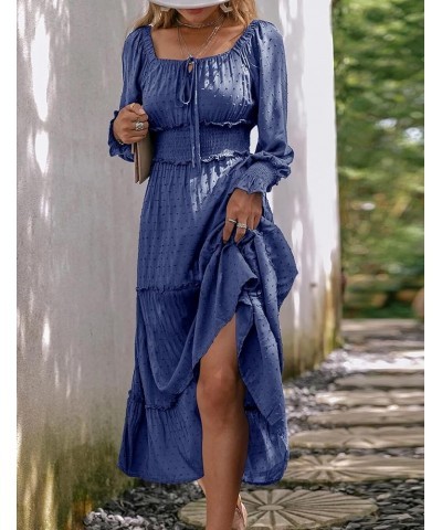 Women's Square Neck Long Sleeve Swiss Dot Maxi Dresses Ruffle Tiered Boho A Line Smocked Cocktail Dress Navy $11.50 Dresses