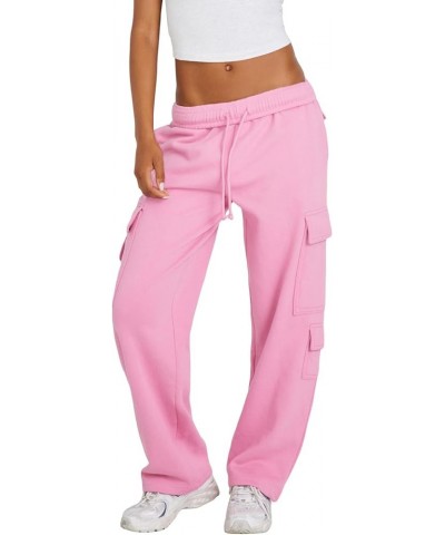 Women Cargo Sweatpants Baggy Straight Leg Stretchy Joggers Pants Flap Pockets Casual Fleece Sweat Pants Pink $19.78 Activewear