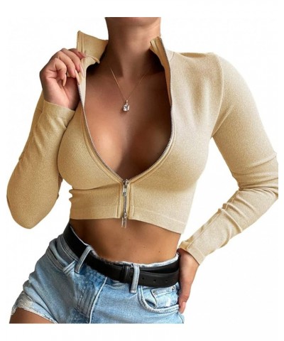 Women Long Sleeve Turtleneck Crop Top Zip Neon Sexy Fitted Cropped Shirts 03 Khaki $15.65 T-Shirts