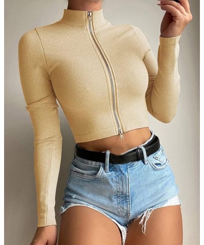 Women Long Sleeve Turtleneck Crop Top Zip Neon Sexy Fitted Cropped Shirts 03 Khaki $15.65 T-Shirts