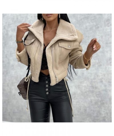 Women's Leather Sherpa Crop Jacket Faux Shearing Fur Cropped Motorcycle Jackets Long Sleeve Lapel Collar Coats Apricot $24.07...