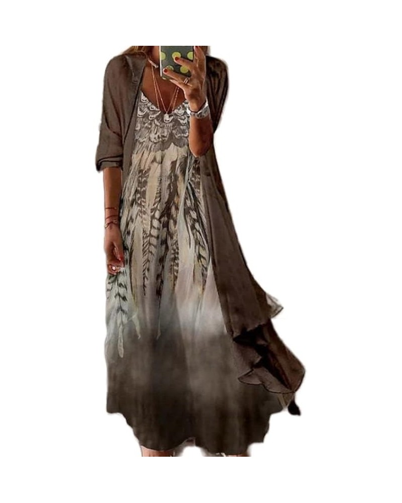 Women Casual Two-Piece Set Boho Floral Print Maxi Dress with Cardigan Irregular Hem Flowy Loose Wedding Guest Dress Floral Pr...